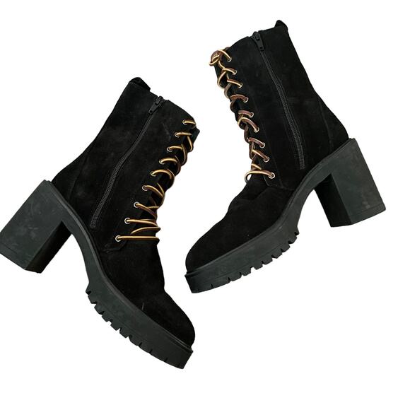 Free People Dylan Black Suede Lace Up Platform Boots Size 9 Chunky Heel NEW - Picture 3 of 7